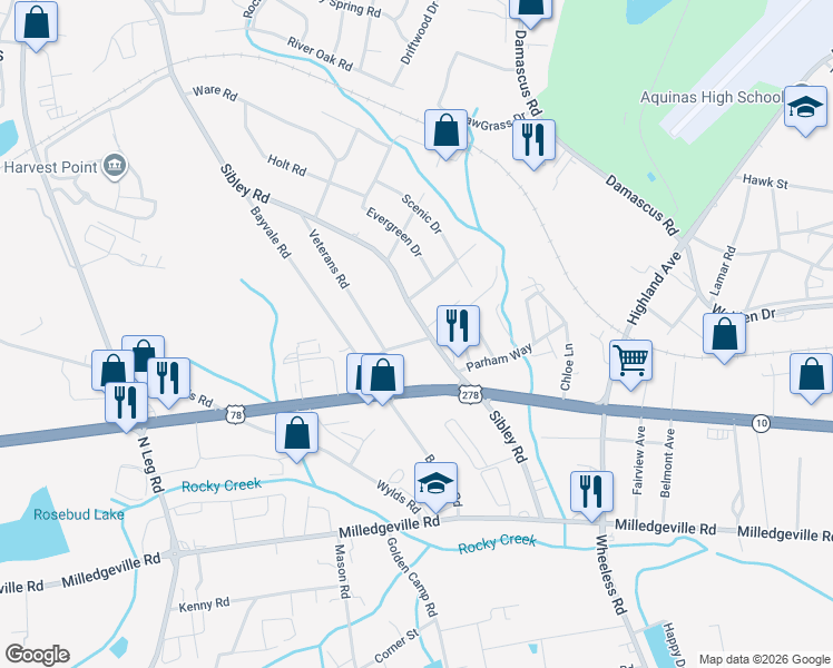 map of restaurants, bars, coffee shops, grocery stores, and more near 2155 Sibley Road in Augusta