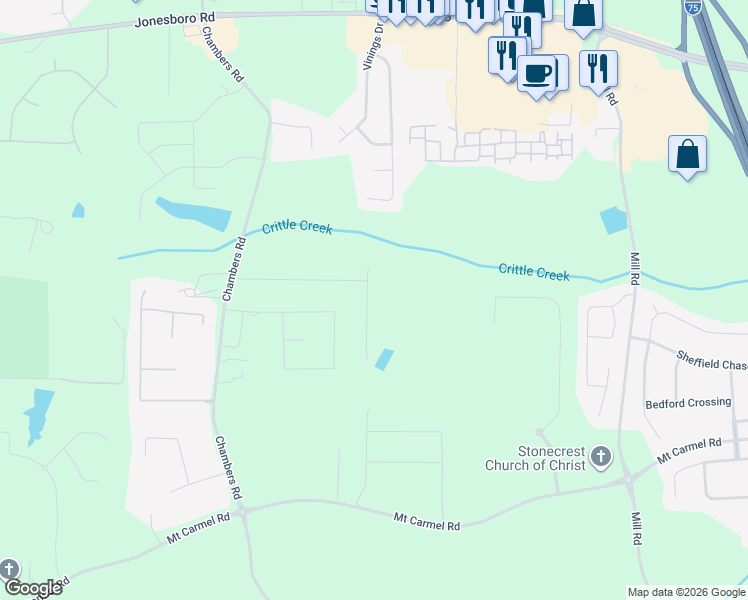 map of restaurants, bars, coffee shops, grocery stores, and more near 221 Brixton Place in McDonough