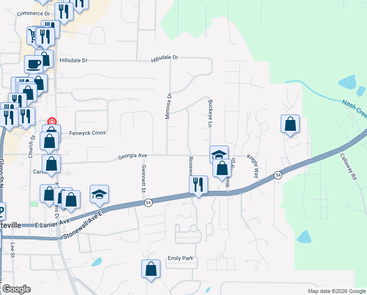 map of restaurants, bars, coffee shops, grocery stores, and more near 170 Rosewood Drive in Fayetteville