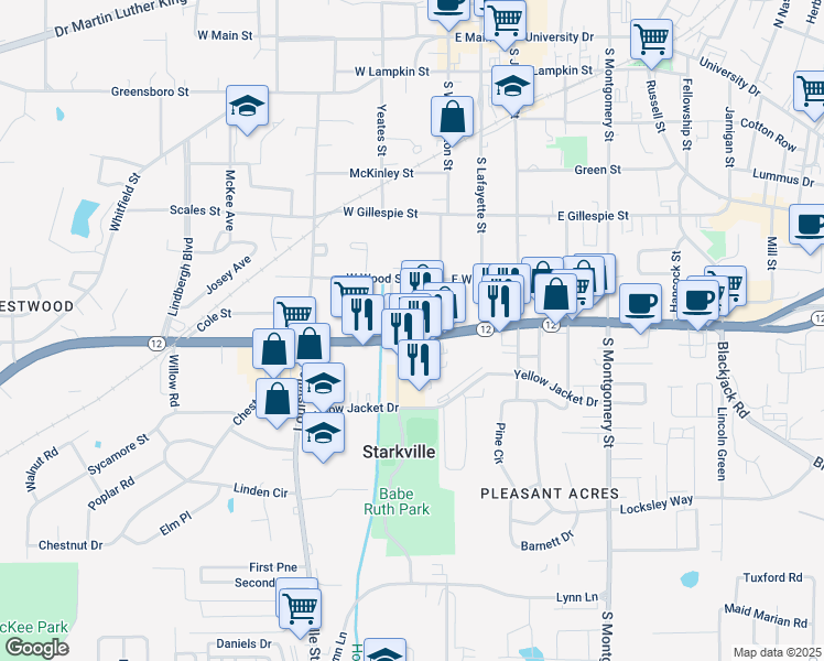 map of restaurants, bars, coffee shops, grocery stores, and more near 169 Pecan Acres in Starkville