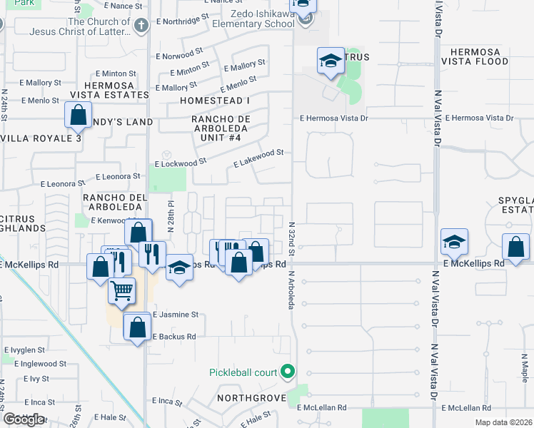 map of restaurants, bars, coffee shops, grocery stores, and more near East Homestead in Mesa