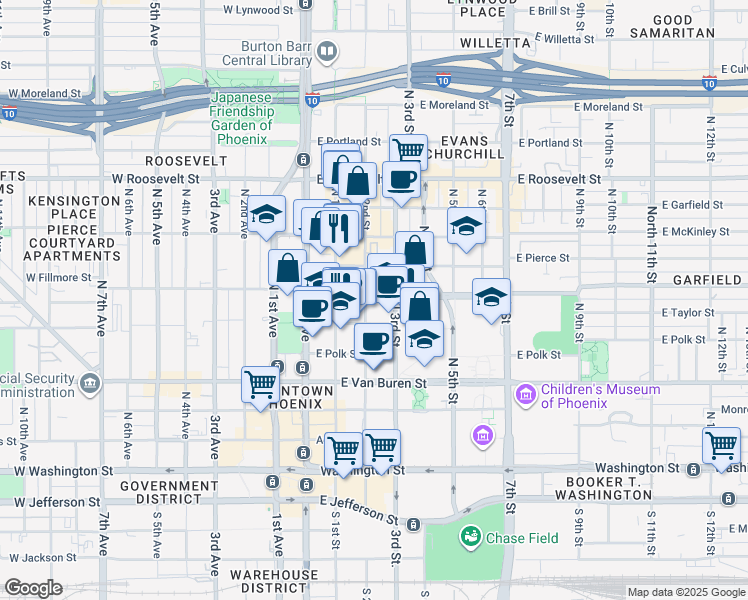 map of restaurants, bars, coffee shops, grocery stores, and more near 401 East Fillmore Street in Phoenix