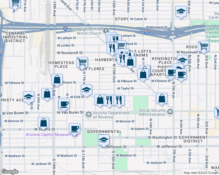 map of restaurants, bars, coffee shops, grocery stores, and more near 1514 West Taylor Street in Phoenix