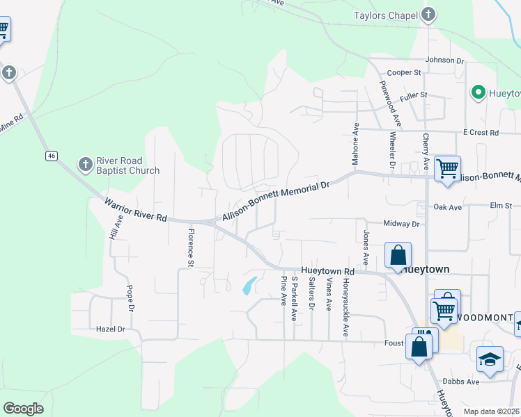 map of restaurants, bars, coffee shops, grocery stores, and more near 100 Viola Avenue in Hueytown