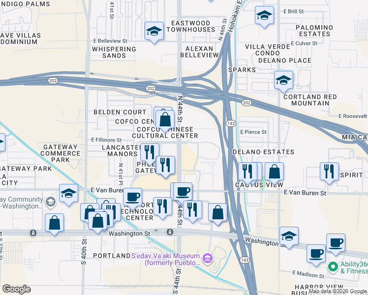 map of restaurants, bars, coffee shops, grocery stores, and more near 501 North 44th Street in Phoenix