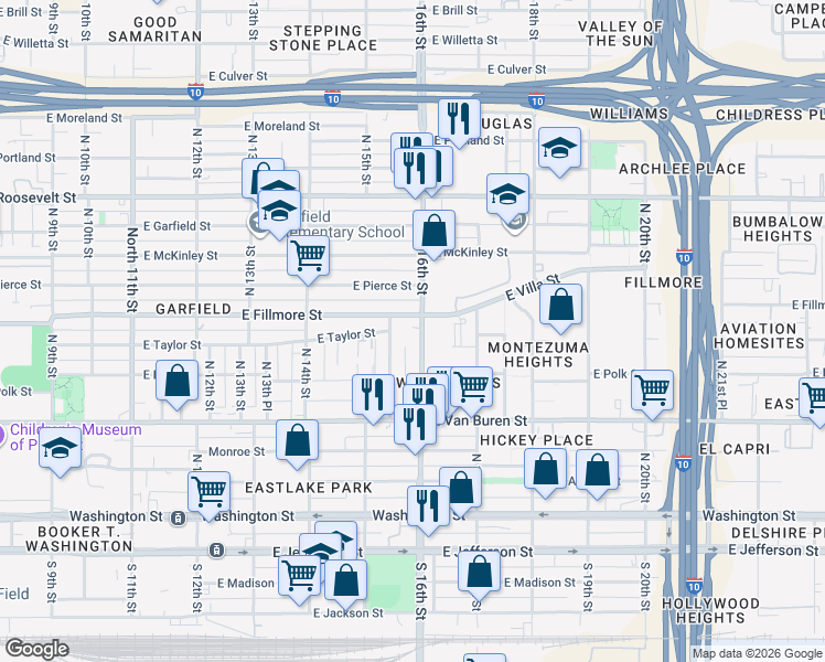 map of restaurants, bars, coffee shops, grocery stores, and more near 1509 East Fillmore Street in Phoenix
