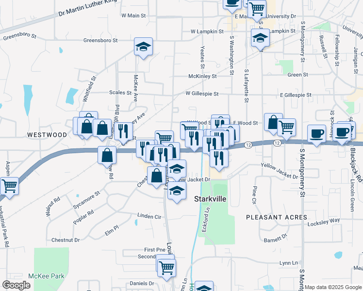 map of restaurants, bars, coffee shops, grocery stores, and more near in Starkville