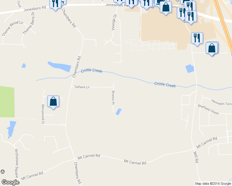 map of restaurants, bars, coffee shops, grocery stores, and more near 221 Brixton Place in McDonough