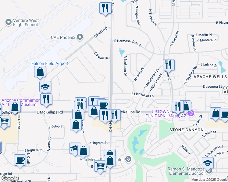 map of restaurants, bars, coffee shops, grocery stores, and more near 2123 North Higley Road in Mesa