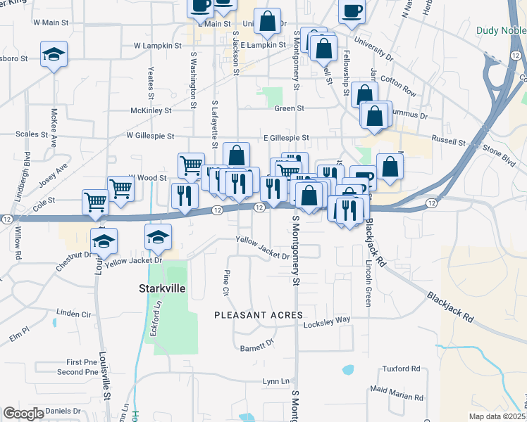 map of restaurants, bars, coffee shops, grocery stores, and more near 204 Mississippi 12 in Starkville