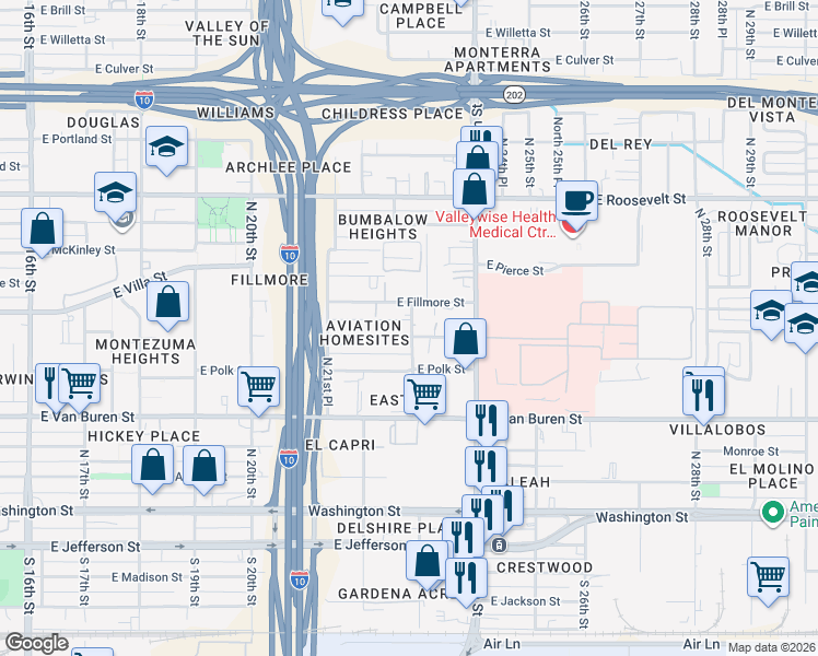 map of restaurants, bars, coffee shops, grocery stores, and more near 2228 East Taylor Street in Phoenix