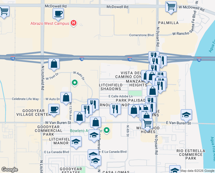 map of restaurants, bars, coffee shops, grocery stores, and more near 617 East Via Maria Street in Goodyear
