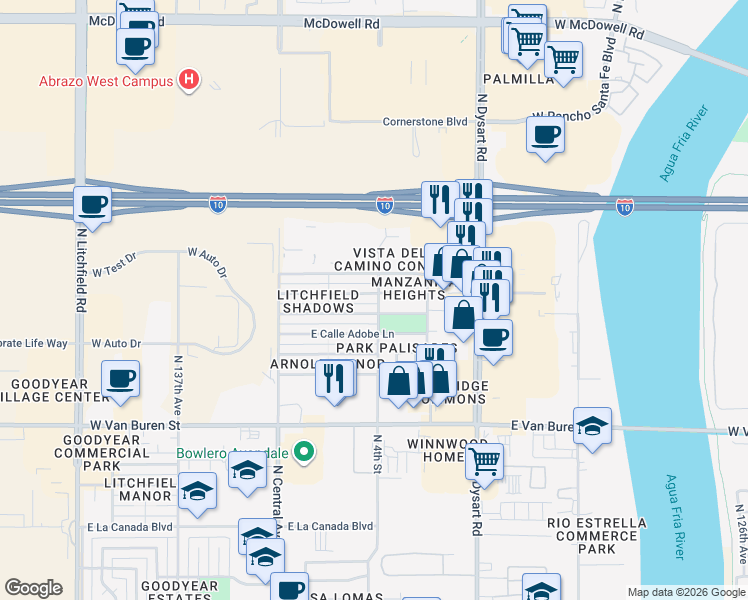map of restaurants, bars, coffee shops, grocery stores, and more near 729 East Via Maria Street in Goodyear