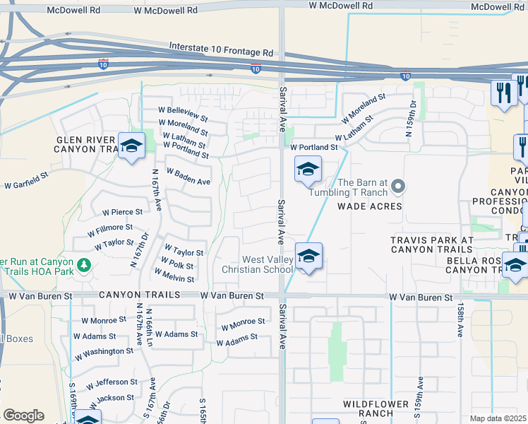map of restaurants, bars, coffee shops, grocery stores, and more near 16333 West McKinley Street in Goodyear