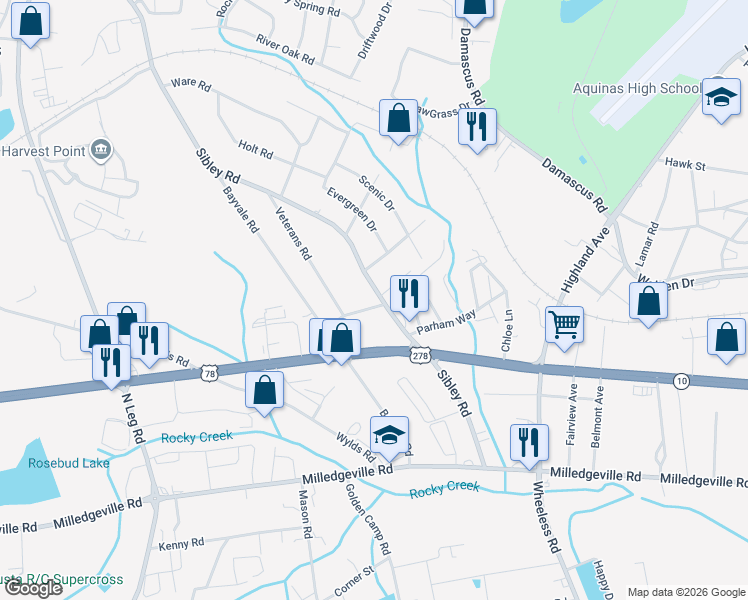 map of restaurants, bars, coffee shops, grocery stores, and more near 2155 Sibley Road in Augusta