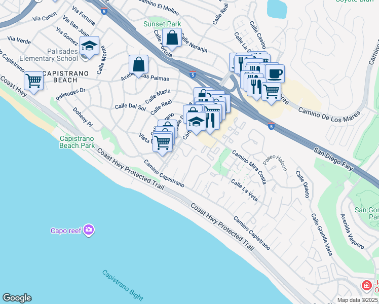 map of restaurants, bars, coffee shops, grocery stores, and more near 366 Camino De Estrella in San Clemente