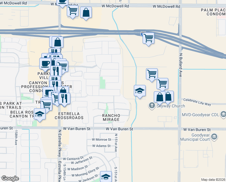 map of restaurants, bars, coffee shops, grocery stores, and more near 15057 West McKinley Street in Goodyear
