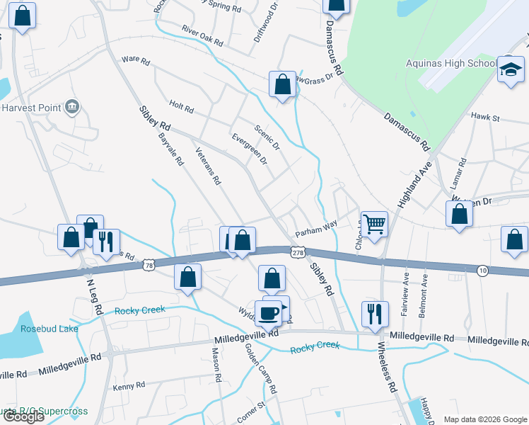 map of restaurants, bars, coffee shops, grocery stores, and more near 2155 Sibley Road in Augusta