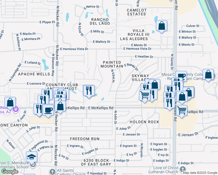 map of restaurants, bars, coffee shops, grocery stores, and more near 2112 North 63rd Place in Mesa