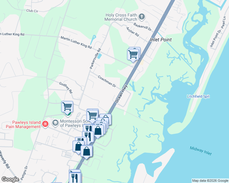 map of restaurants, bars, coffee shops, grocery stores, and more near 100 Page Lane in Pawleys Island