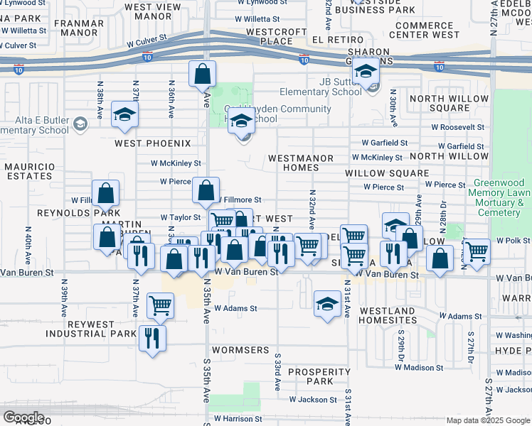 map of restaurants, bars, coffee shops, grocery stores, and more near 3312 West Taylor Street in Phoenix