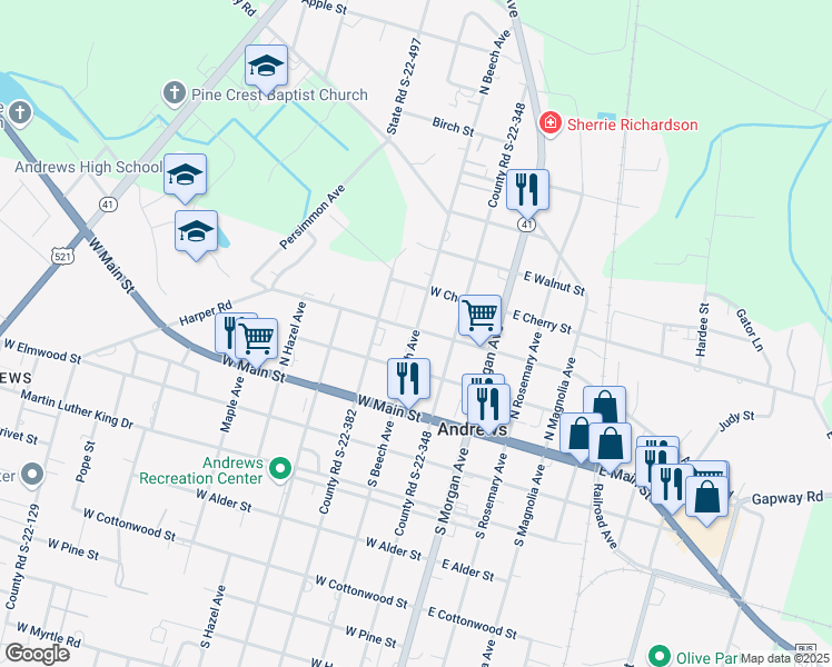 map of restaurants, bars, coffee shops, grocery stores, and more near 203 North Beech Avenue in Andrews