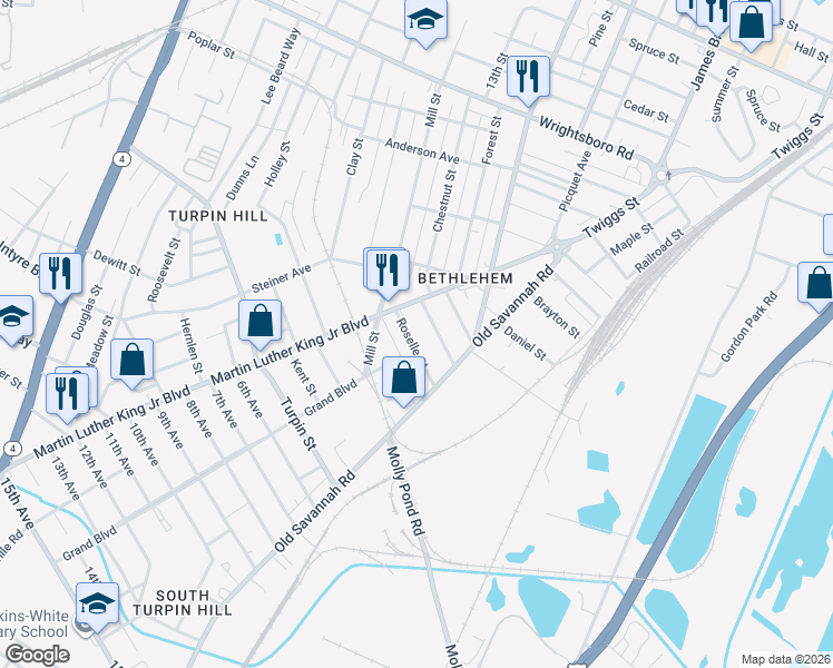 map of restaurants, bars, coffee shops, grocery stores, and more near 1157 Roselle Street in Augusta