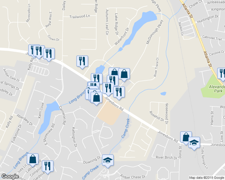 map of restaurants, bars, coffee shops, grocery stores, and more near 1154 McDonough Parkway in McDonough