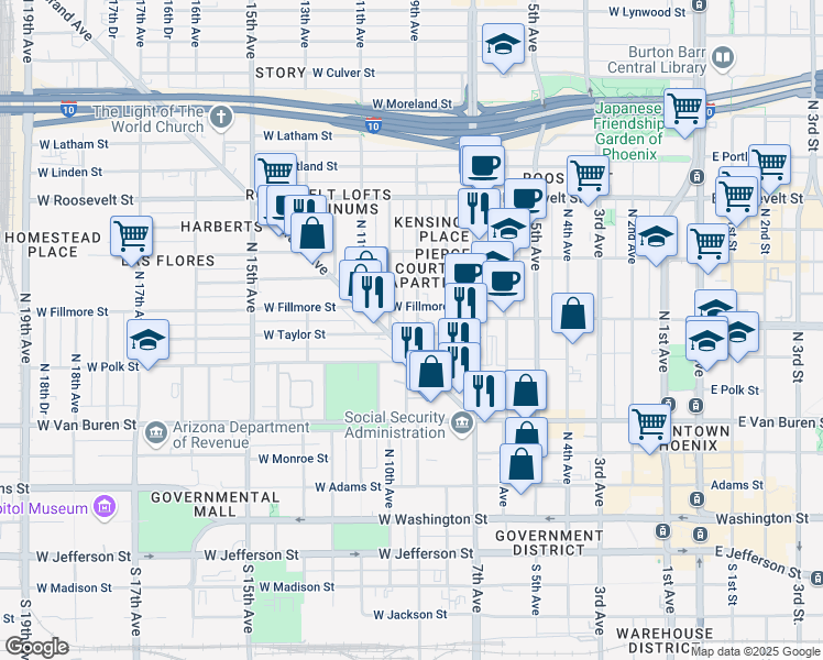 map of restaurants, bars, coffee shops, grocery stores, and more near 501 North 9th Avenue in Phoenix