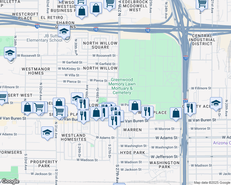 map of restaurants, bars, coffee shops, grocery stores, and more near 551 North 27th Avenue in Phoenix