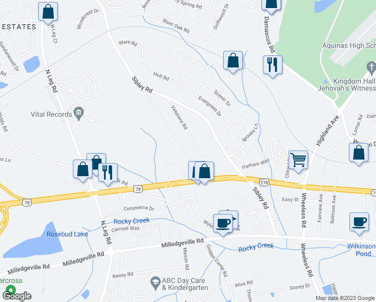 map of restaurants, bars, coffee shops, grocery stores, and more near 2152 Bayvale Road in Augusta