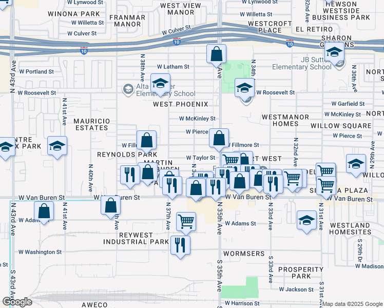 map of restaurants, bars, coffee shops, grocery stores, and more near 3548 West Taylor Street in Phoenix