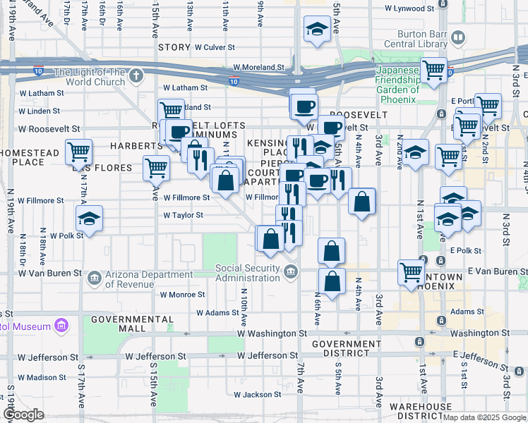 map of restaurants, bars, coffee shops, grocery stores, and more near 501 North 9th Avenue in Phoenix