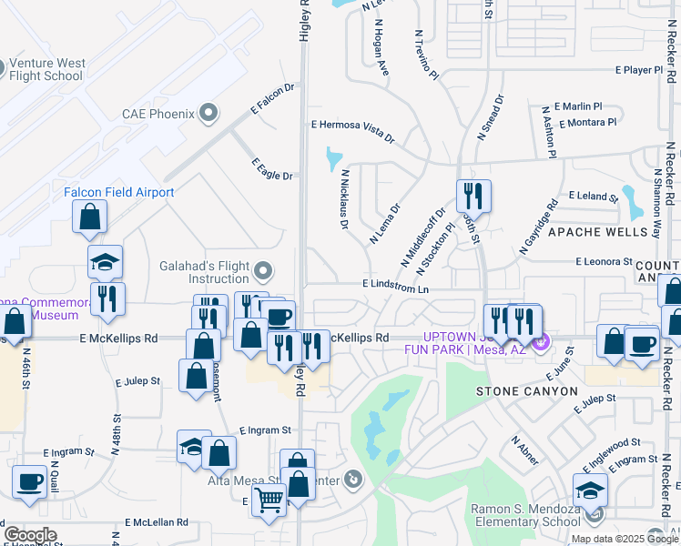 map of restaurants, bars, coffee shops, grocery stores, and more near 2125 North Rosburg Drive in Mesa