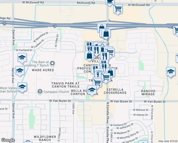 map of restaurants, bars, coffee shops, grocery stores, and more near 756 North 156th Lane in Goodyear