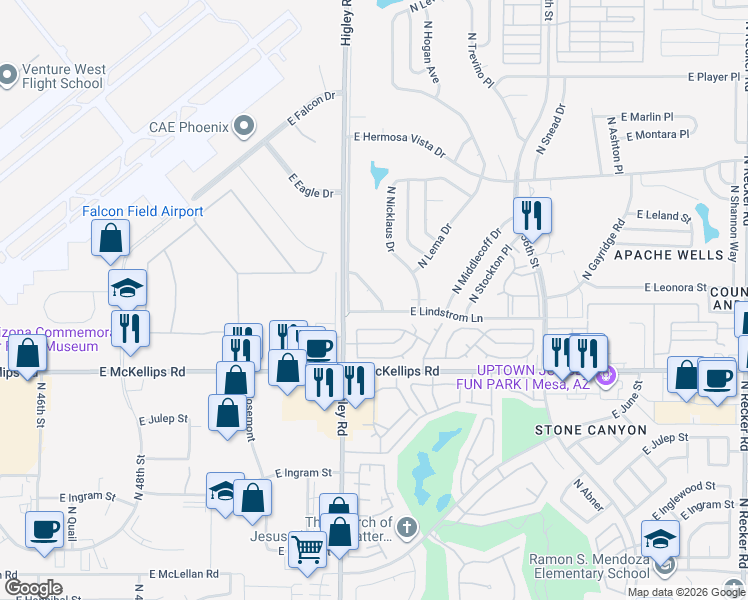 map of restaurants, bars, coffee shops, grocery stores, and more near 2125 North Rosburg Drive in Mesa