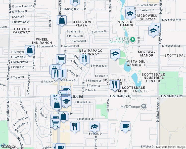 map of restaurants, bars, coffee shops, grocery stores, and more near 621 North 74th Street in Scottsdale