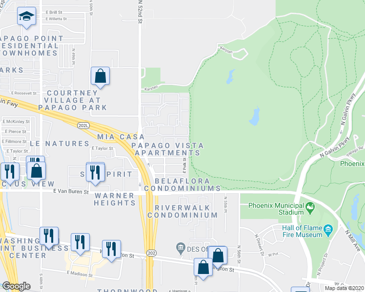 map of restaurants, bars, coffee shops, grocery stores, and more near 5350 East Taylor Street in Phoenix