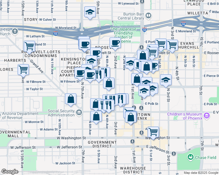 map of restaurants, bars, coffee shops, grocery stores, and more near 315 West Fillmore Street in Phoenix