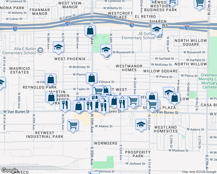 map of restaurants, bars, coffee shops, grocery stores, and more near 3408 West Taylor Street in Phoenix