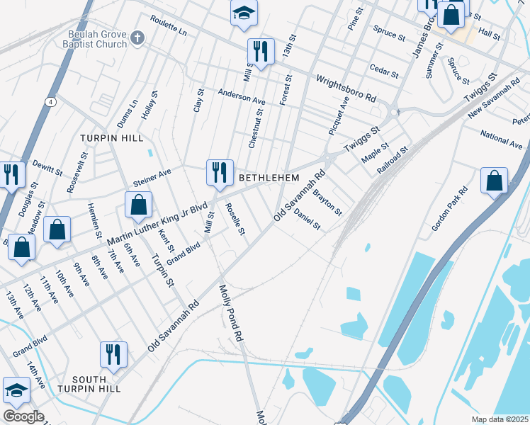 map of restaurants, bars, coffee shops, grocery stores, and more near 1116 Camille Street in Augusta