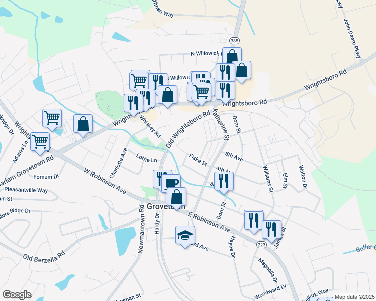 map of restaurants, bars, coffee shops, grocery stores, and more near 304 Fiske Street in Grovetown