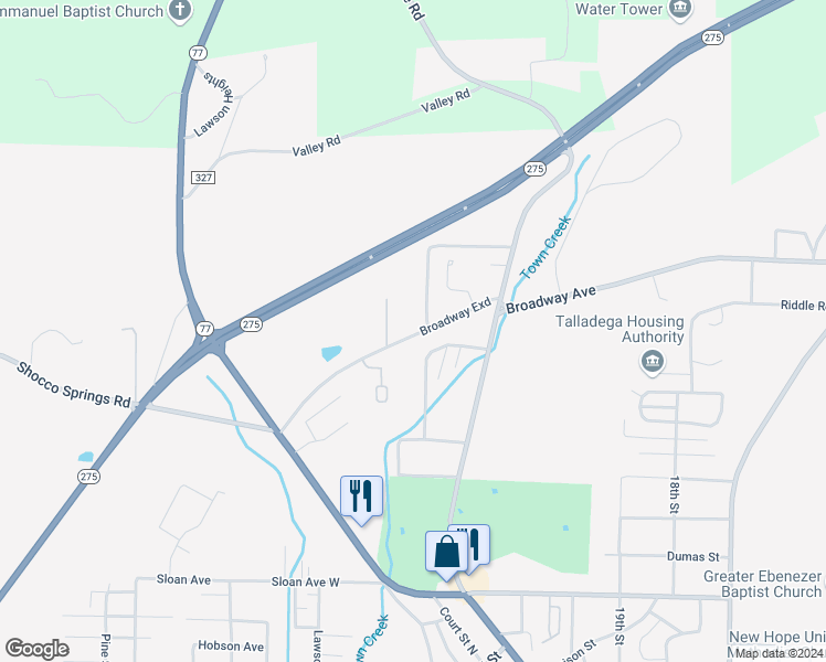 map of restaurants, bars, coffee shops, grocery stores, and more near 131 Broadway Avenue in Talladega