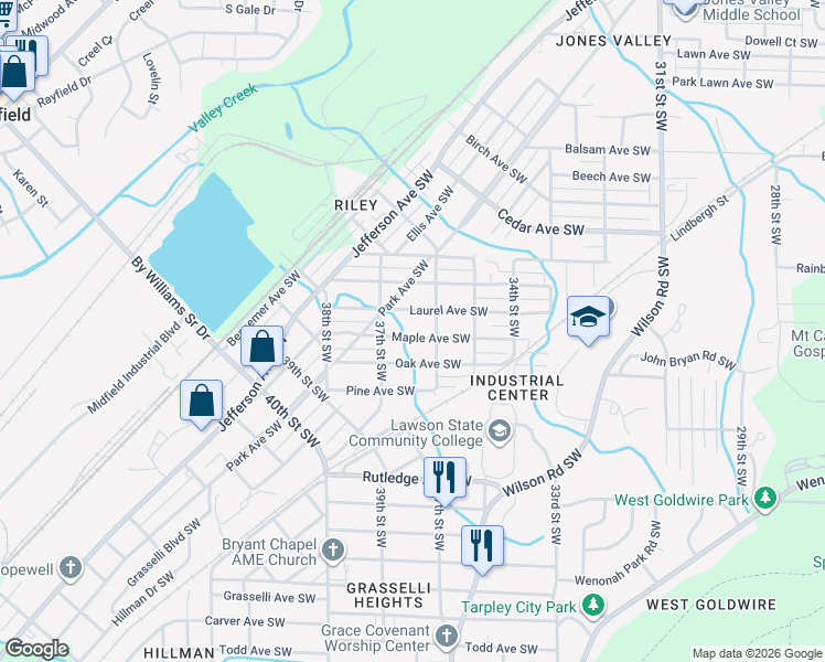 map of restaurants, bars, coffee shops, grocery stores, and more near 3608 Maple Avenue Southwest in Birmingham