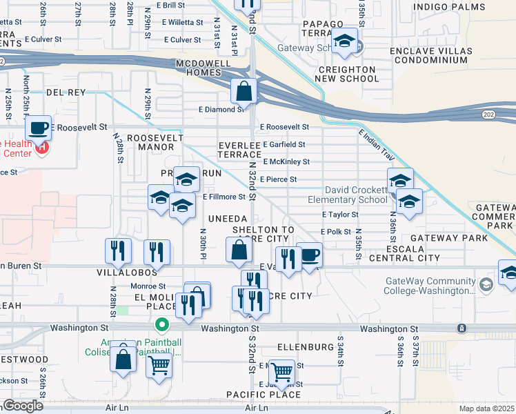 map of restaurants, bars, coffee shops, grocery stores, and more near 525 North 32nd Street in Phoenix