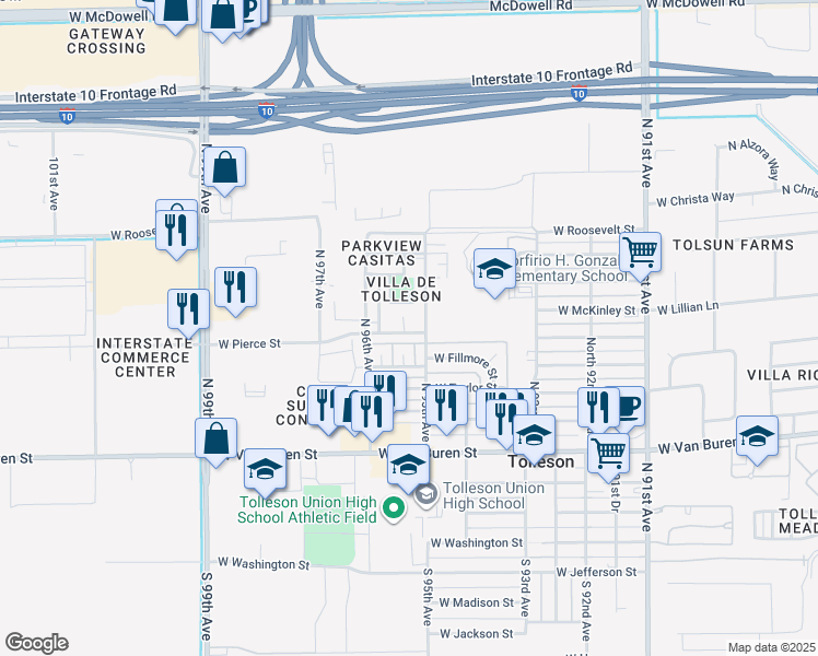 map of restaurants, bars, coffee shops, grocery stores, and more near 701 North 95th Circle in Tolleson