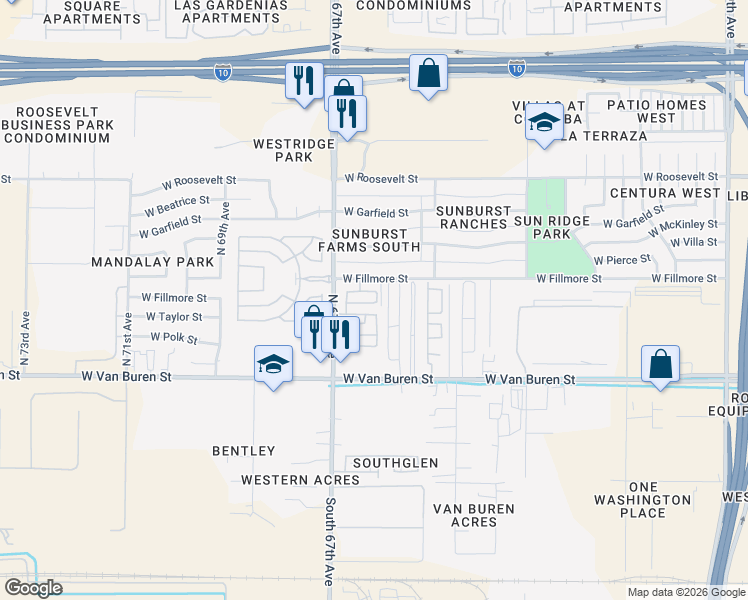 map of restaurants, bars, coffee shops, grocery stores, and more near 6608 West Johnson Street in Phoenix
