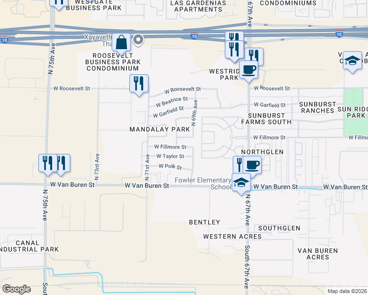 map of restaurants, bars, coffee shops, grocery stores, and more near 6915 West Fillmore Street in Phoenix