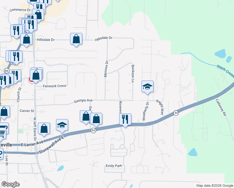 map of restaurants, bars, coffee shops, grocery stores, and more near 170 Rosewood Drive in Fayetteville