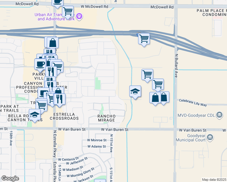 map of restaurants, bars, coffee shops, grocery stores, and more near 15057 West McKinley Street in Goodyear
